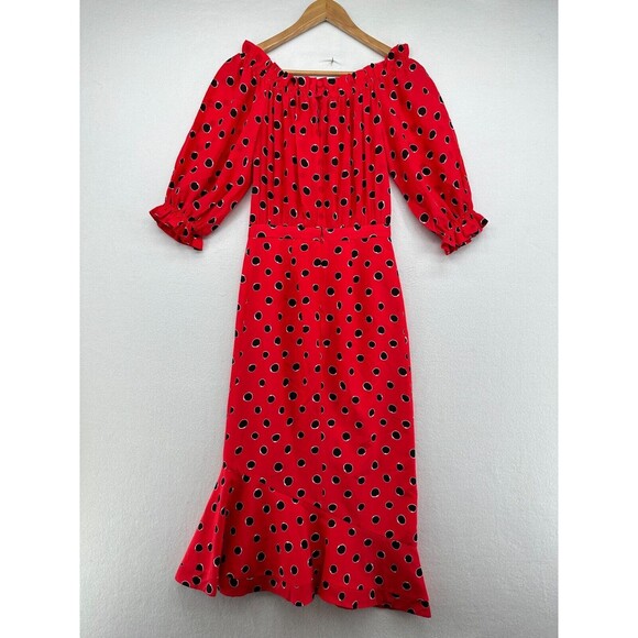 Saloni Grace Midi Dress Size 2 Red Black Polka Dot Silk Off Shoulder Puff Sleeve - Picture 8 of 16